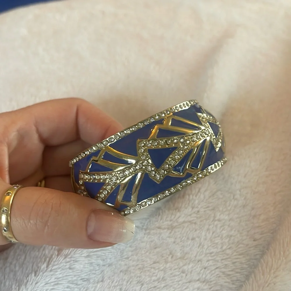 New Sequin enamel bangle bracelet art deco design blue and gold with rhinestones